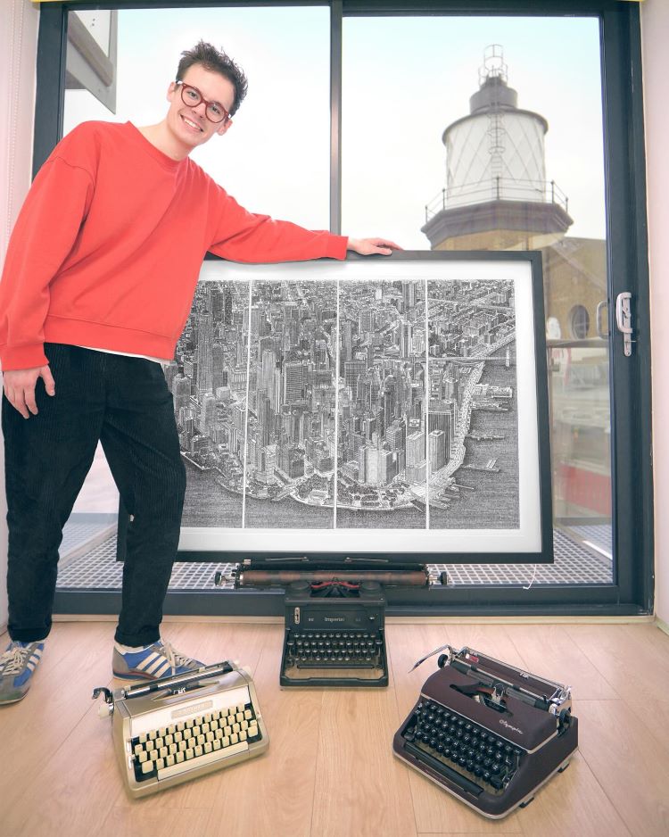 James Cook Stands Next To Drawing Of New York City Skyline Made With Typewriter Characters