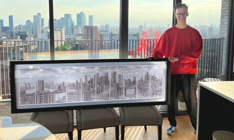 James Cook Stands Next To Drawing Of Skyline Made With Typewriter Characters