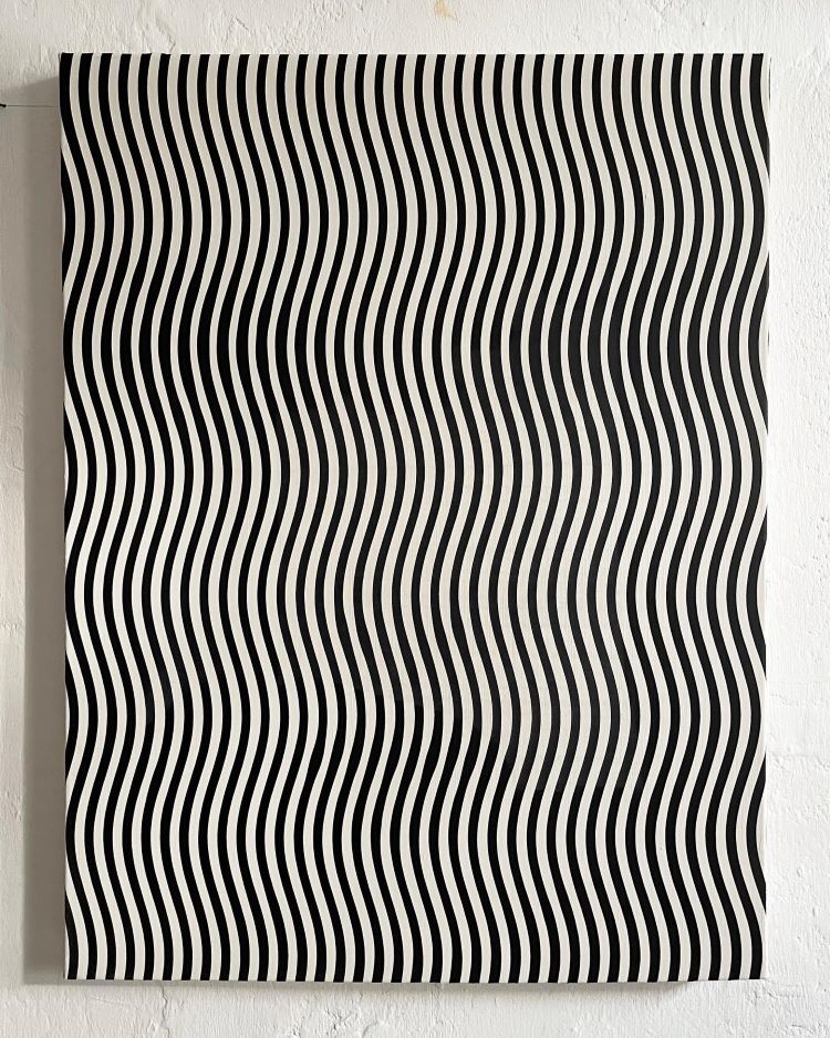 Black And White Wavy Geometric Abstract Painting With Hidden Face