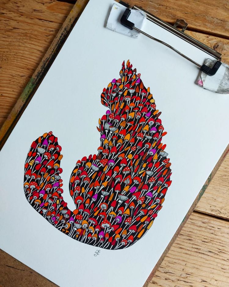 Drawing Of Multicolor Mushrooms Filling In Cat Silhouette