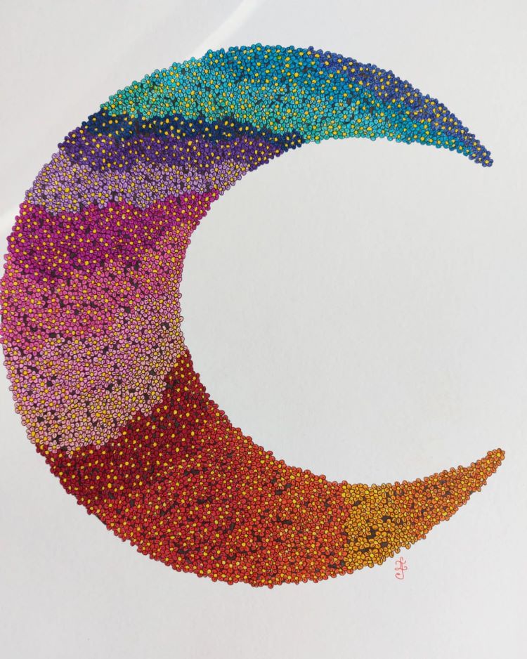 Drawing Of Moon Silhouette Filled In With Multicolor Flowers