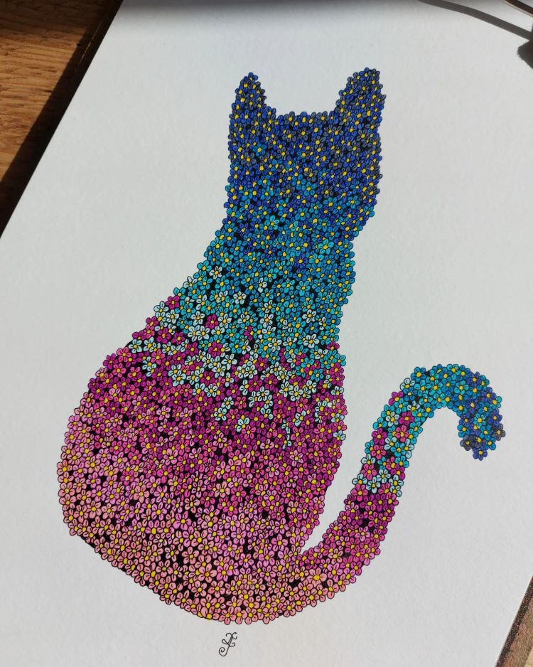 Drawing Of Multicolor Flowers Filling In Cat Silhouette 