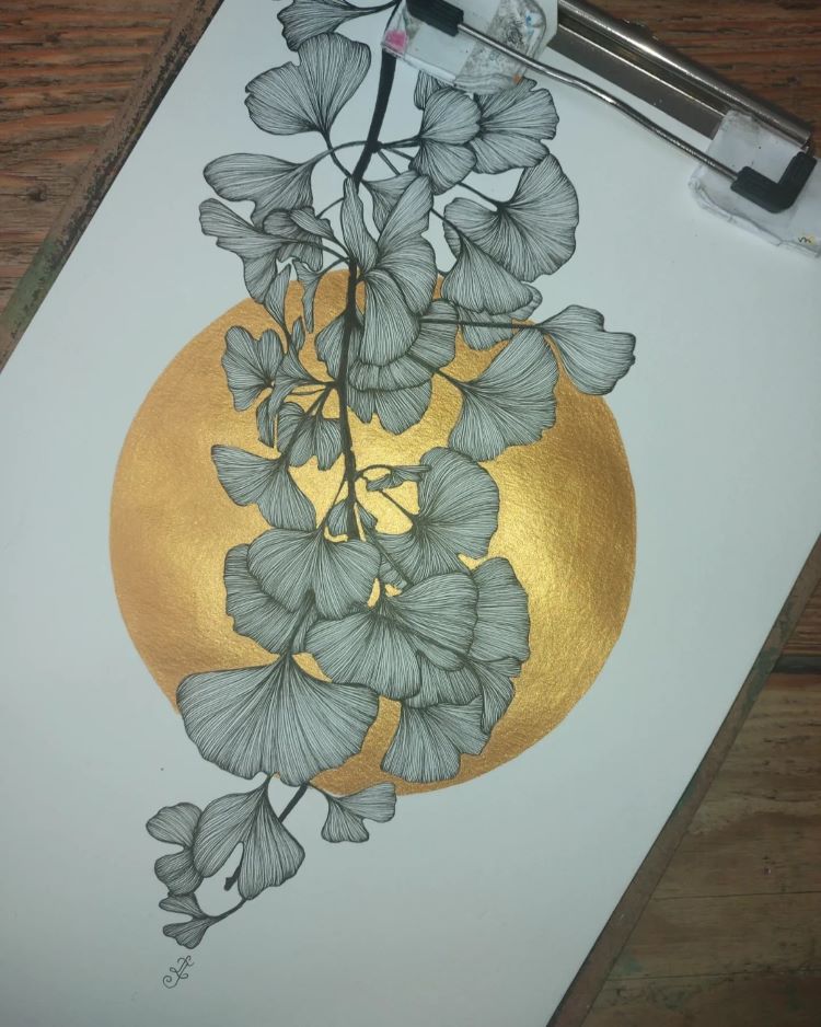 Drawing Of Gingko Leaves On Stem With Golden Disk Behind