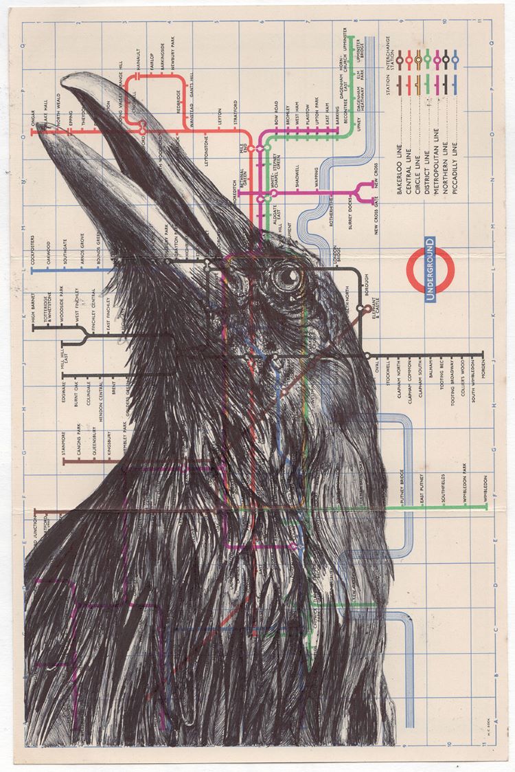 Sketch Of Raven On Top Of London Underground Map