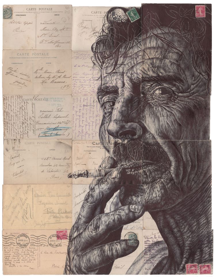 Sketch Of Man Smoking On Top Of Postcards
