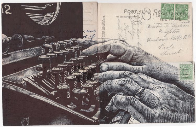 Sketch Of Hands Working On Typewriter On Top Of Postcards