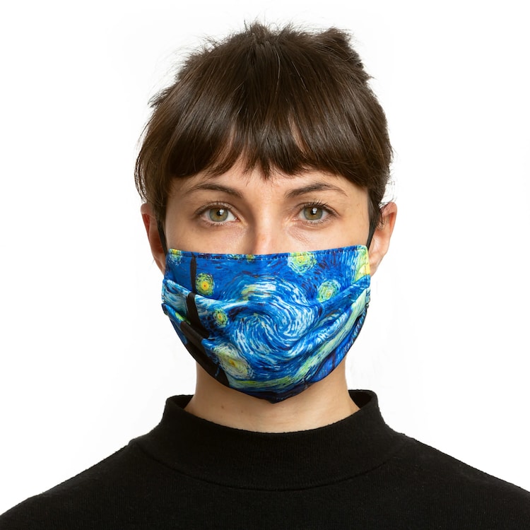 Woman wearing a Van Gogh Starry Night face mask