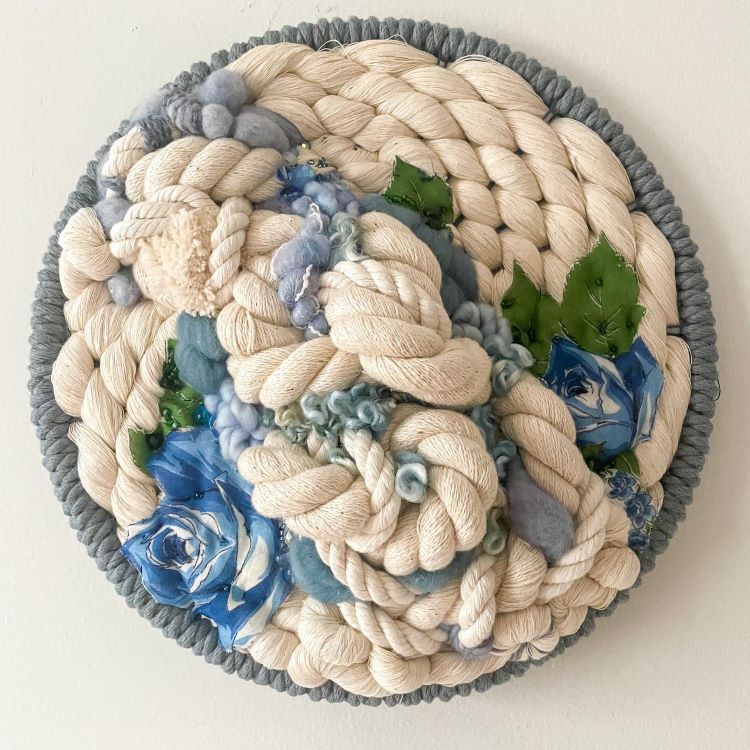 Multicolored Circular Hoop Fiber Art With Blue Flowers And Leaves