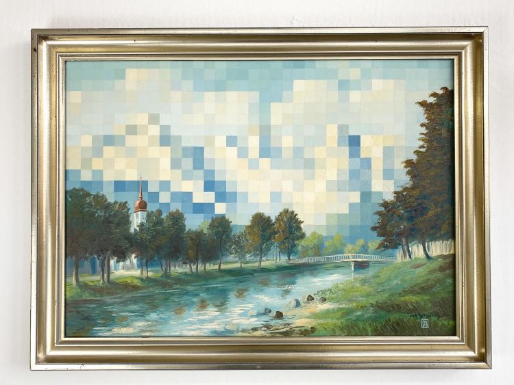 Vintage Landscape Painting With Pixelated Mountains