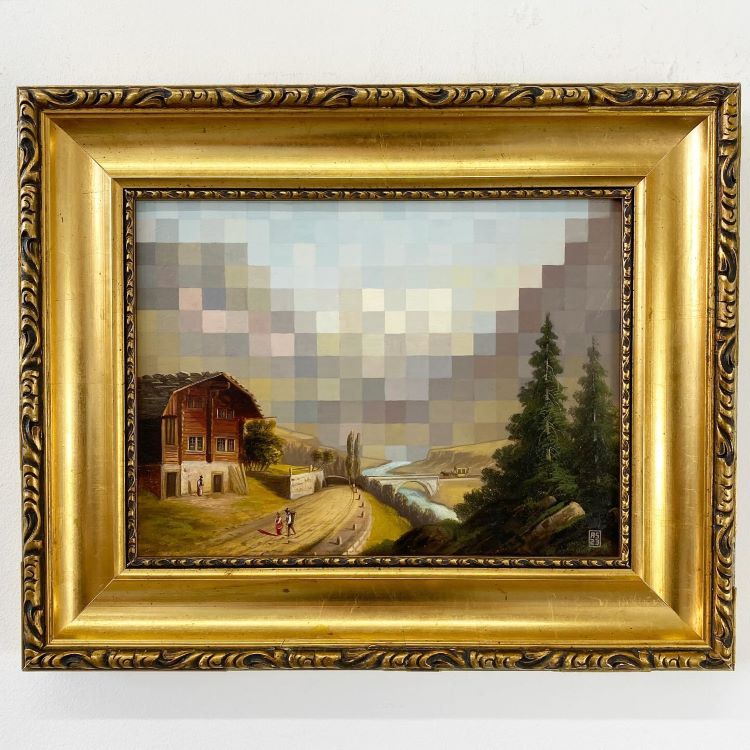 Vintage Landscape Painting With Pixelated Mountains/Hills