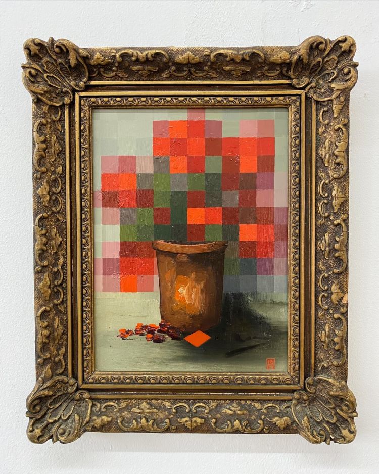 Vintage Painting With Pixelated Flowers