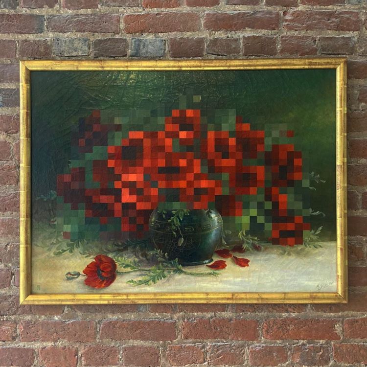 Vintage Painting With Pixelated Flowers Hanging On Brick Wall