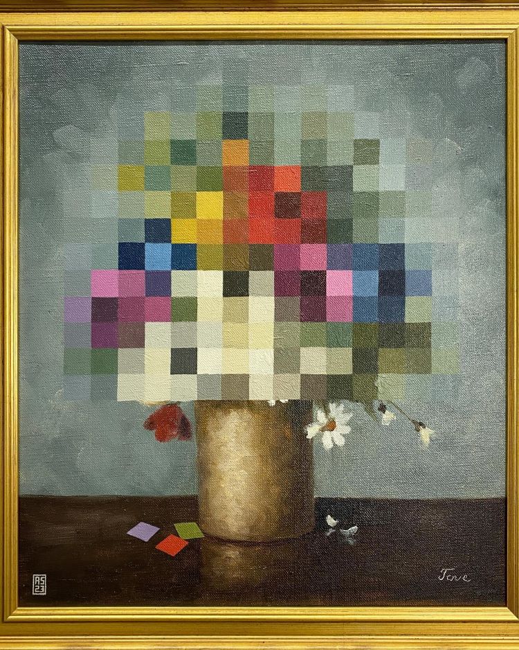 Vintage Painting With Pixelated Flowers
