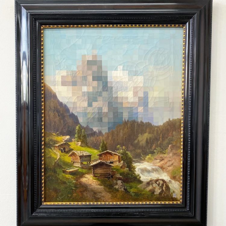 Vintage Landscape Painting With Pixelated Clouds