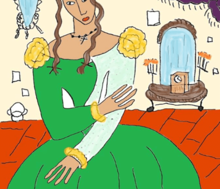 Cartoonish Woman in Two-Tone Green Dress In Bedroom