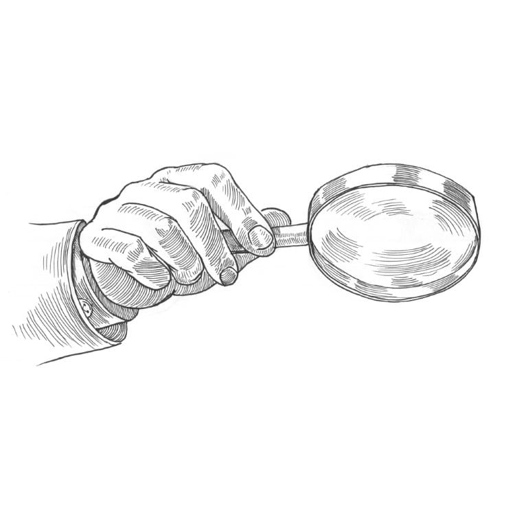 Drawing of a hand holding a magnifying glass using hatching