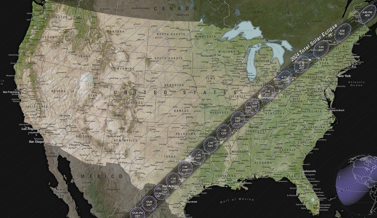 Map of totality of the April 8 2024 solar eclipse