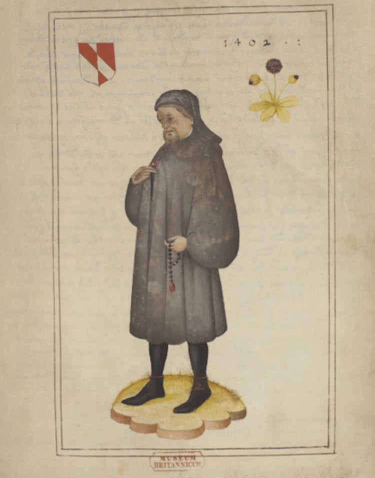 A 16th-century portrait of Geoffrey Chaucer, holding a rosary and stylus