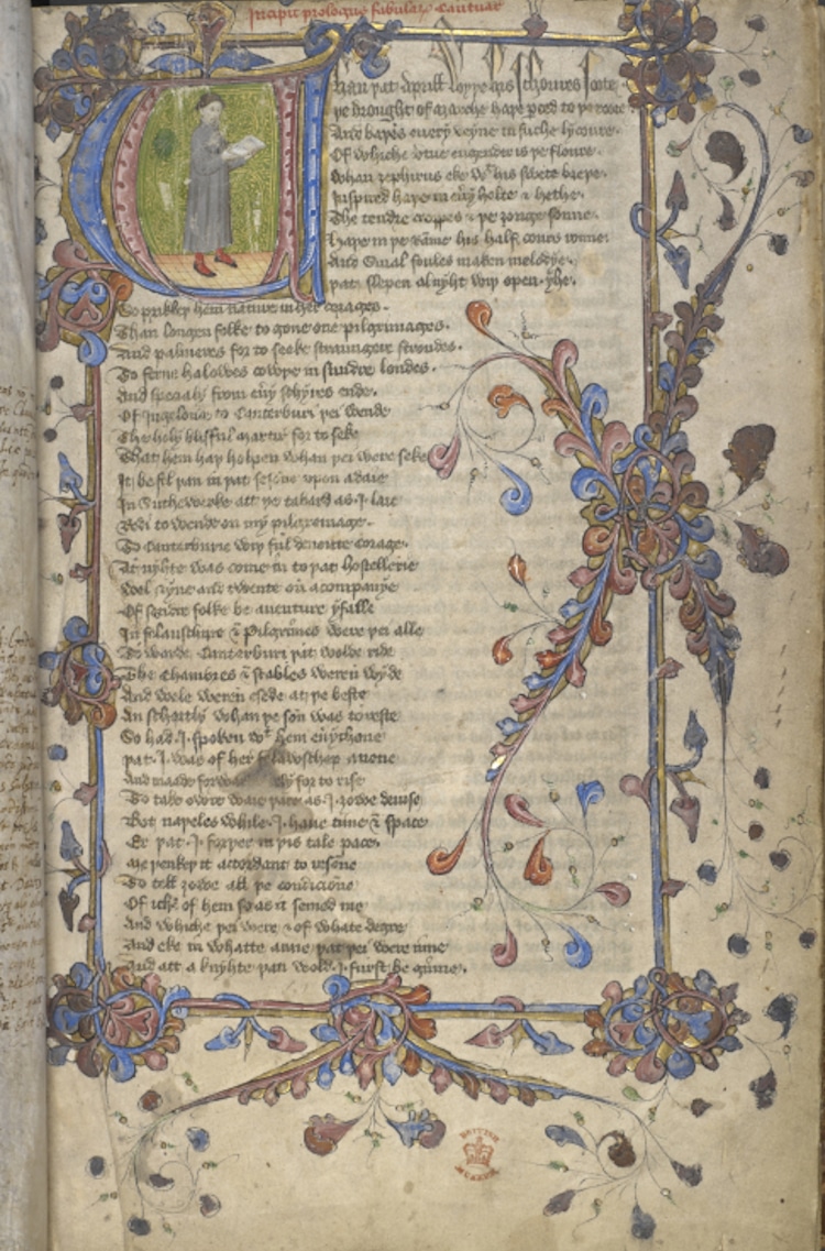 The opening of Chaucer’s Canterbury Tales, with a portrait of the author