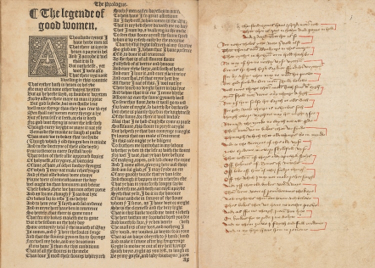 The opening of Chaucer’s Legend of Good Women, showing printed and handwritten versions of the text side-by-side