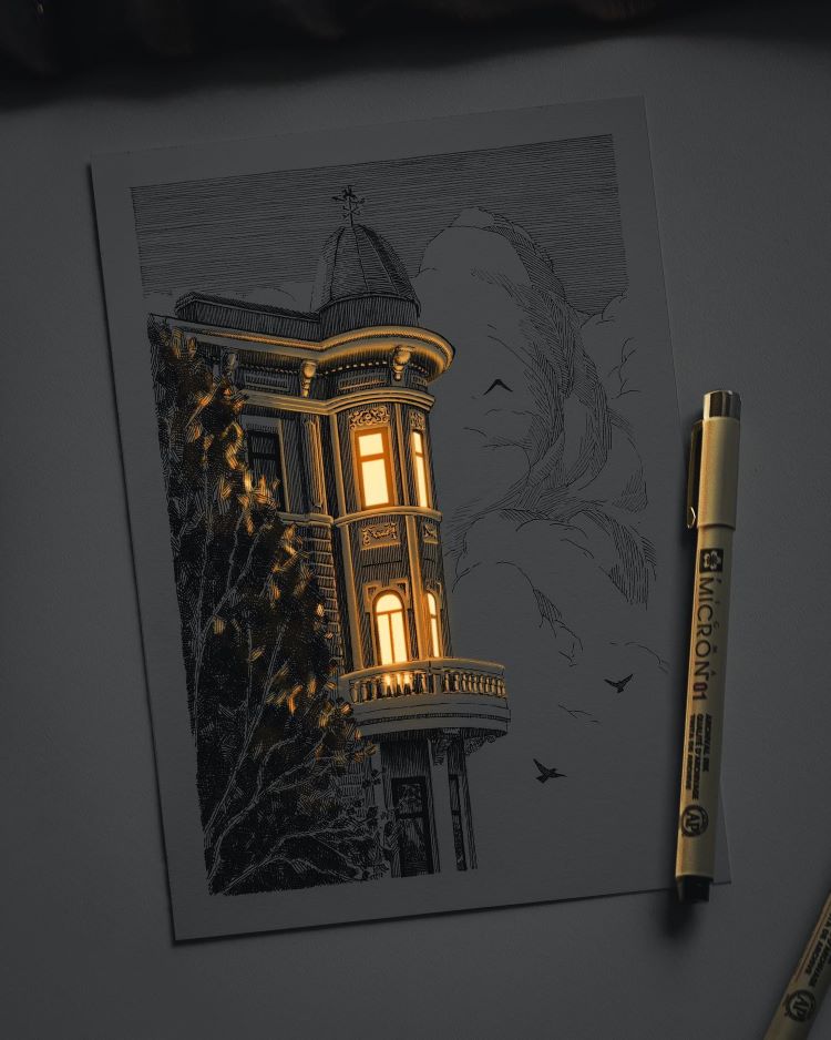 Glowing Pen Drawing Of Building