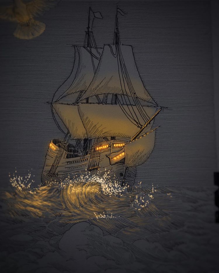 Glowing Pen Drawing Of Ship
