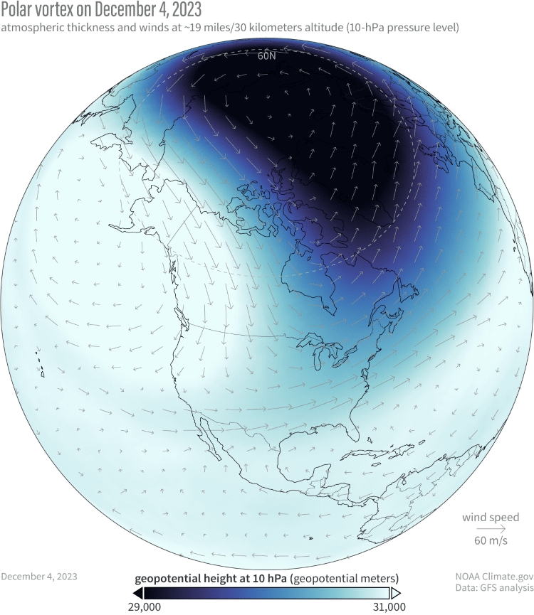 Three-Dimensional Map Showing Global Polar Vortexes on Dec. 4, 2023
