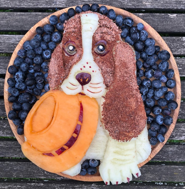 Dog made out of fruit