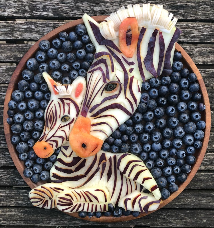Zebra family made out of fresh fruit