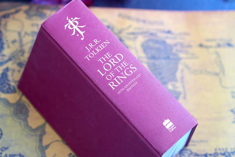 The spine of the Lord of the Rings displayed on a map of Middle-Earth