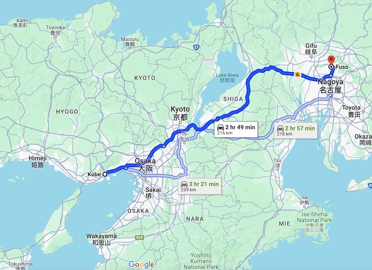 Mitsuo Tanigami biked over 370 miles to visit his children. This map identifies a potential route from Kobe to Fuso, where his daugher lives. 