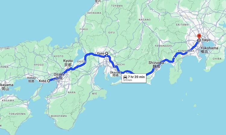 Mitsuo Tanigami biked from Kobe to Tokyo. This map shows the overall journey that he took via bike over nine days.