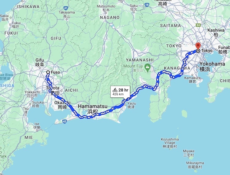 Mitsuo Tanigami biked from Fuso to his son in Tokyo. This map highlights a route that is possible to bike from Fuso to Tokyo. 