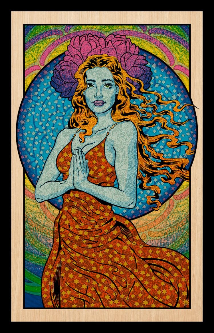 "Venus" By Chuck Sperry, Featuring A Multicolored Retro Print Of A Woman Posing With Her Palms Together Looking At The Viewing