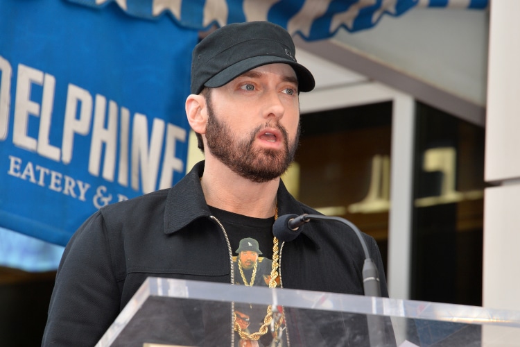 Eminem at the Hollywood Walk of Fame Star Ceremony honoring Curtis "50 Cent" Jackson.
