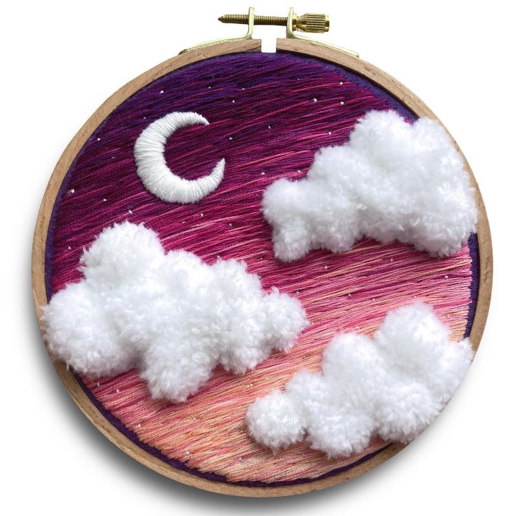 Embroidery Of Fluffy White Clouds In Pink/Orange Sky