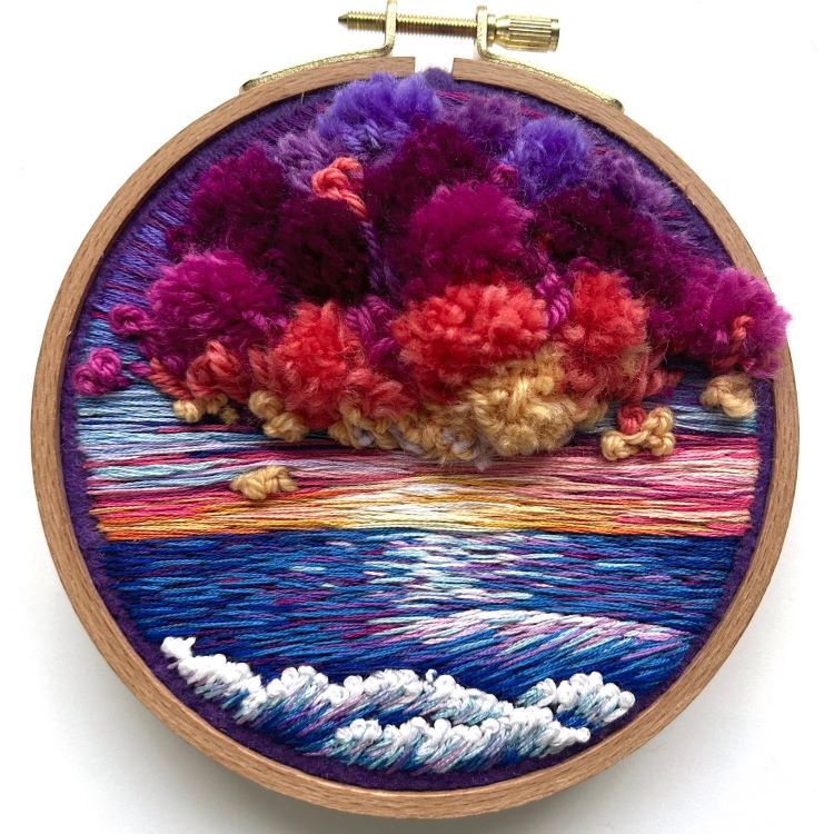 Embroidered Ocean Scene With Multicolored Clouds