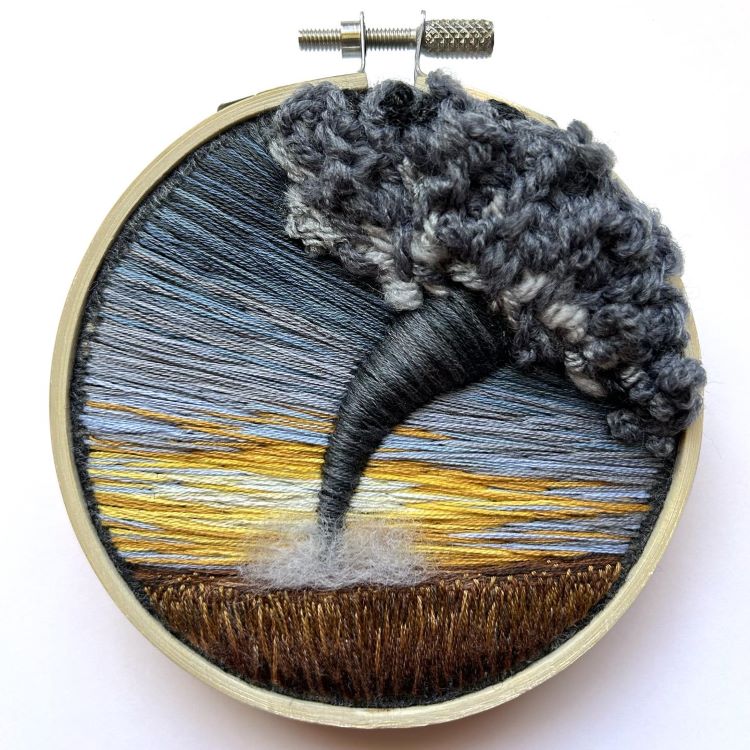 Embroidered Scene Showing Tornado Going Across Grain Field