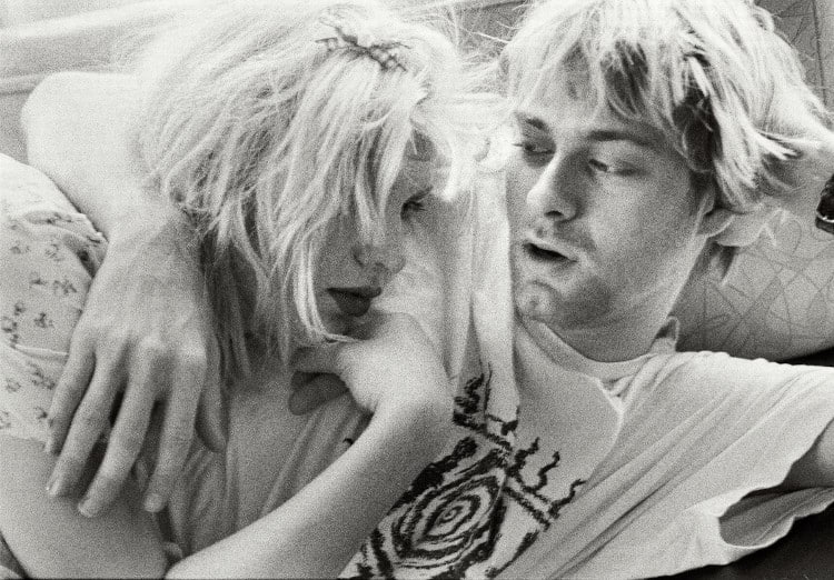 Black and white image of Courtney Love and Kurt Cobain