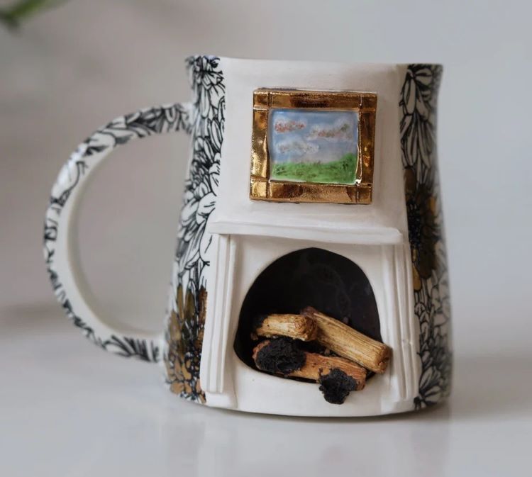 Fireplace Mug With Black And White Floral Wallpaper Design And Picture
