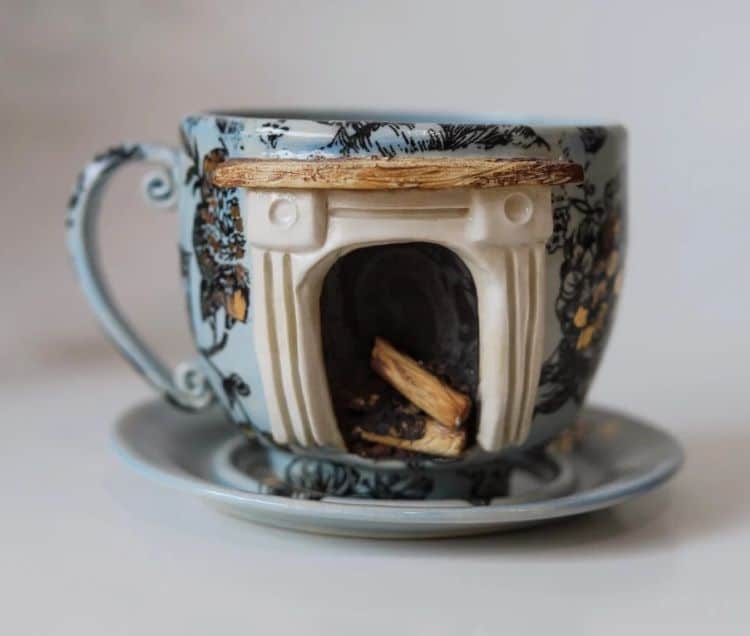 Fireplace Mug With Blue Wallpaper Design