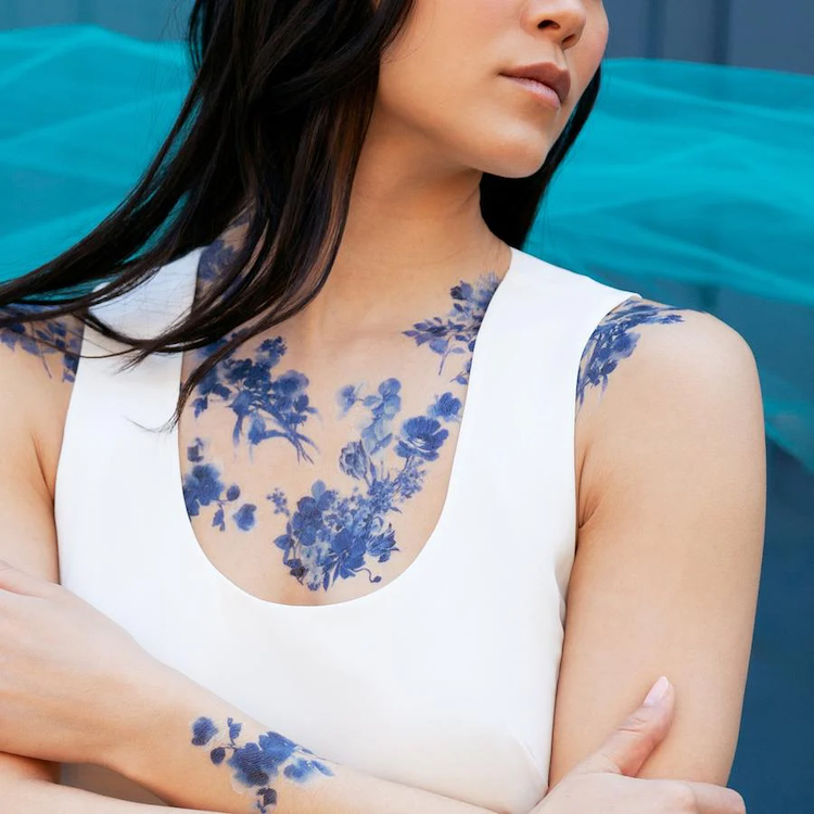 Blue floral temporary tattoos by Tattly