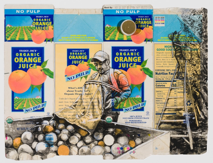 Painting and drawing on produce boxes featuring immigrant field workers