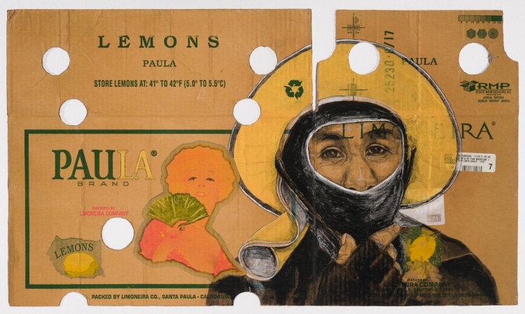 Painting and drawing on produce boxes featuring immigrant field workers