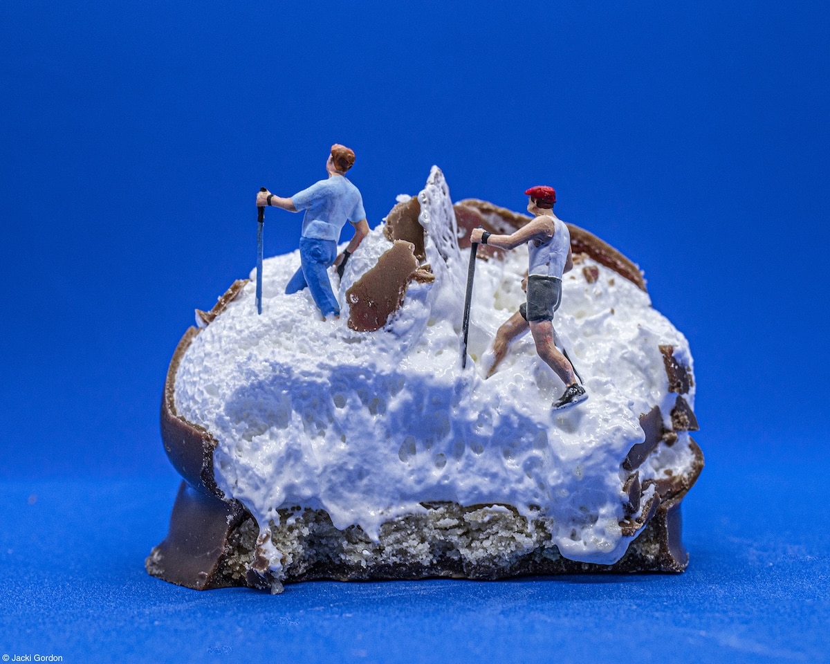 "Walk on the mallow side" photo of mini figures on a marshmallow treat that looks like mountains by Jacki Gordon