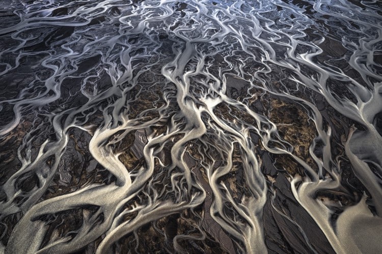 Aerial view of the Tungnaá river in Iceland