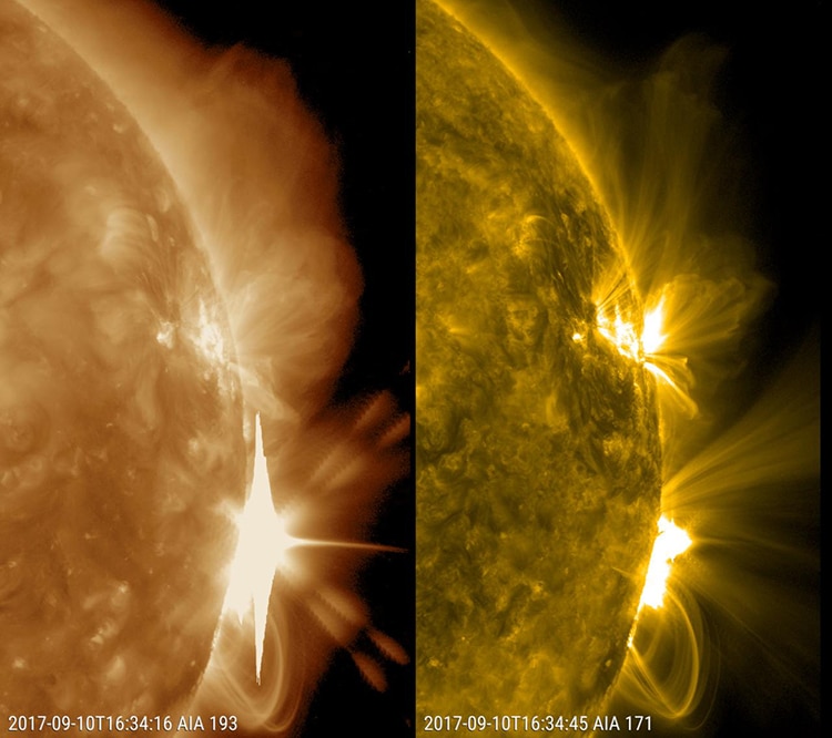 The Sun erupted with an X8 solar flare onSept. 10, 2017. This is similarly sized to a recent solar flare in May. This is shown in two wavelengths of extreme ultraviolet light at the same time and each reveals different features. Both are colorized to identify in which wavelength they were observed. The coils of loops after the flare are the magnetic field lines reorganizing themselves after the eruption.