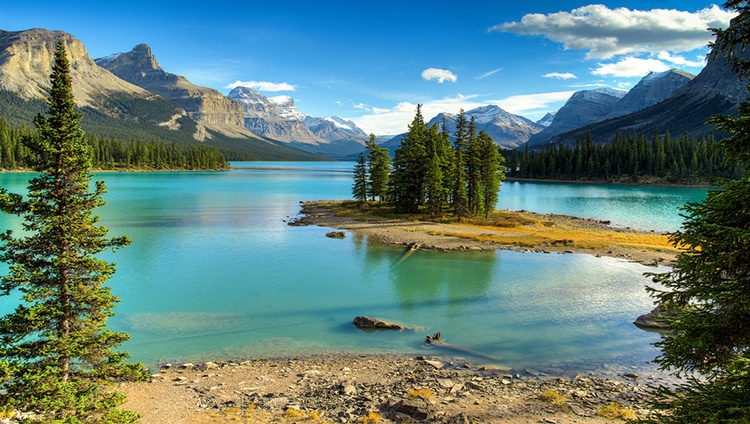 Maligne Lake in Jasper natioanal park, Alberta, Canada demonstrates strong triangular mountains and trees