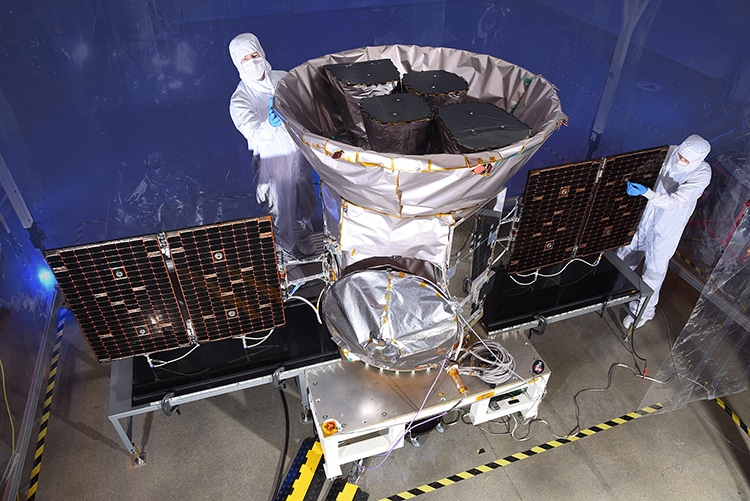 The fully integrated Transiting Exoplanet Survey Satellite (TESS), which launched in 2018 to find thousands of new exoplanets 