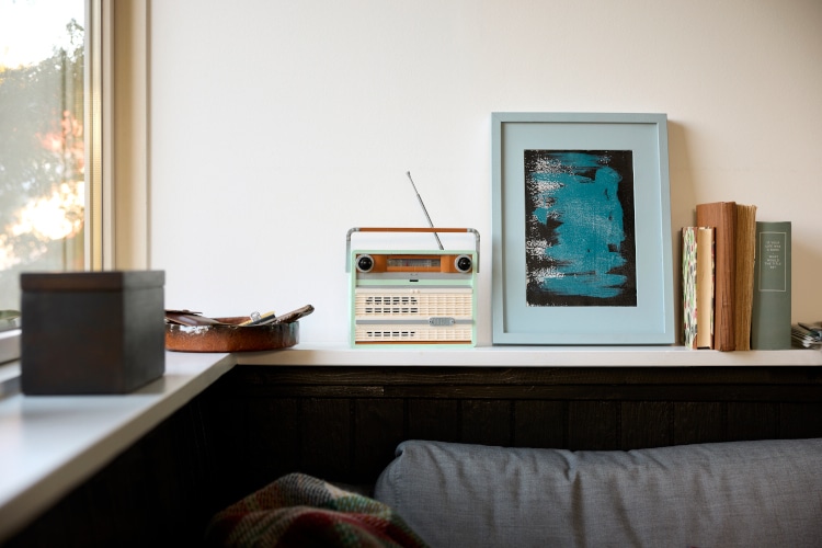 LEGO icons retro radio on a living room shelf